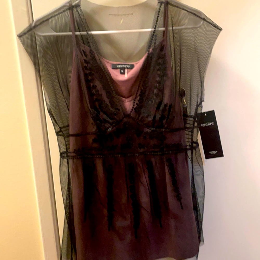 New Karen Kane sheer black mixed greens lace top M - Picture 5 of 11